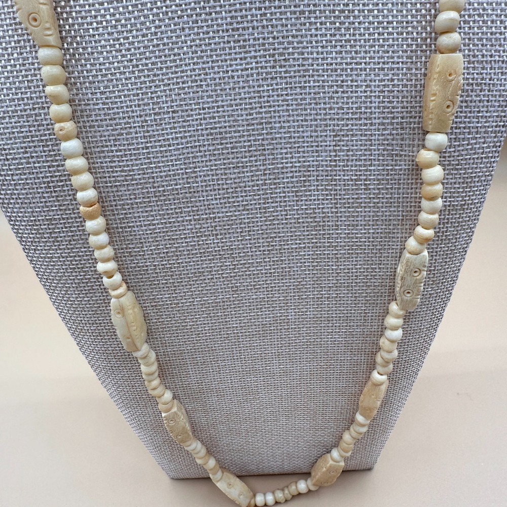 Carved Cream Bead Necklace Boho Statement Long Vintage Artisan Layering Jewelry